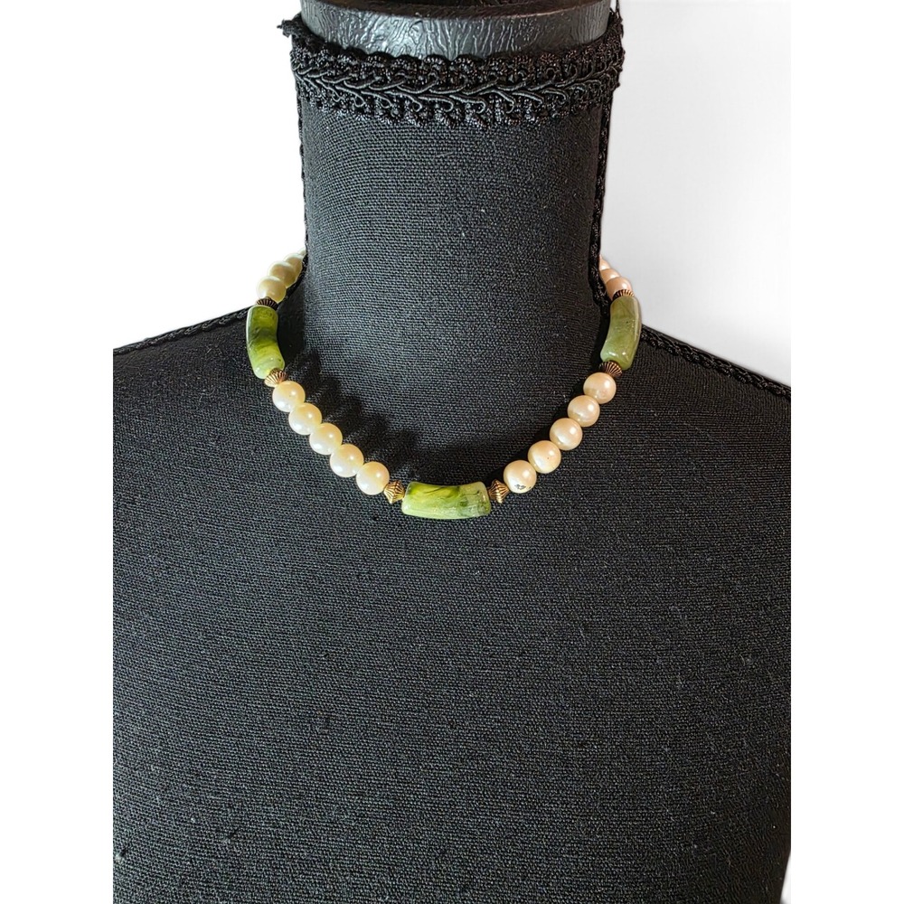 Vintage Faux Pearl and Faux Jade Statement Cocktail Necklace Boho Chic Green